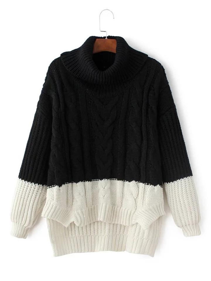 Romwe Two Tone High Low Cable Knit Sweater