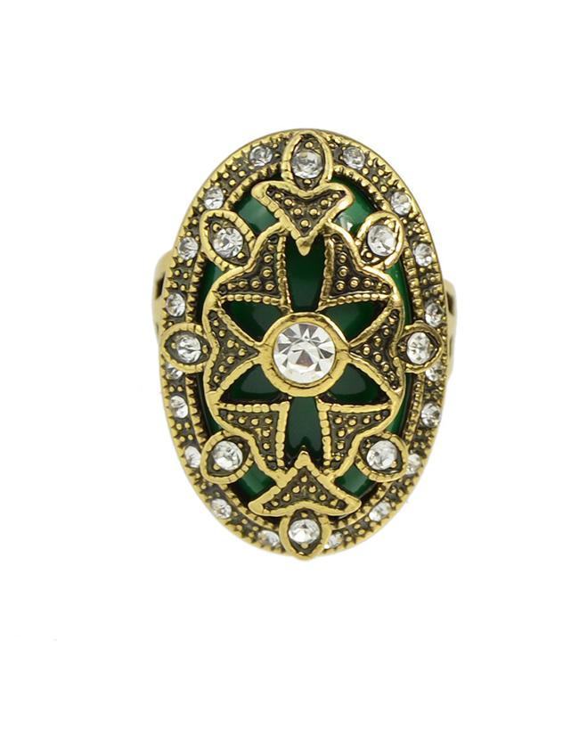 Romwe Green Rhinestone Big Ring