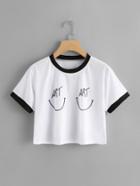 Romwe Letter Print Ringer Crop Tee