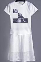 Romwe Short Sleeve Monroe Print Top With Grid Skirt