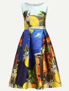Romwe Multicolor Painting Print Pleated Fit And Flare Dress