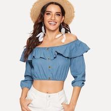 Romwe Ruffle Detail Single Breasted Denim Tops