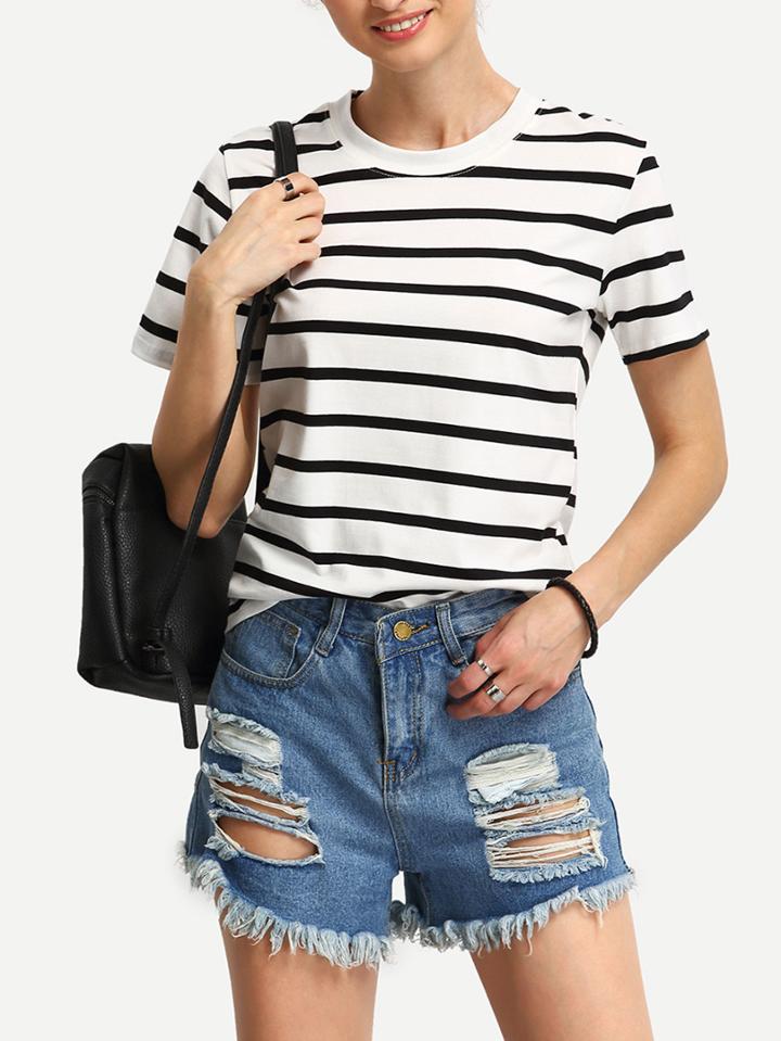 Romwe White Striped T-shirt