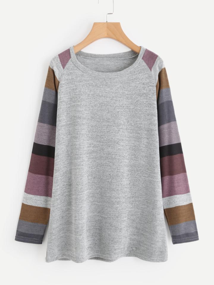Romwe Contrast Striped Raglan Sleeve Marled Knit Tee
