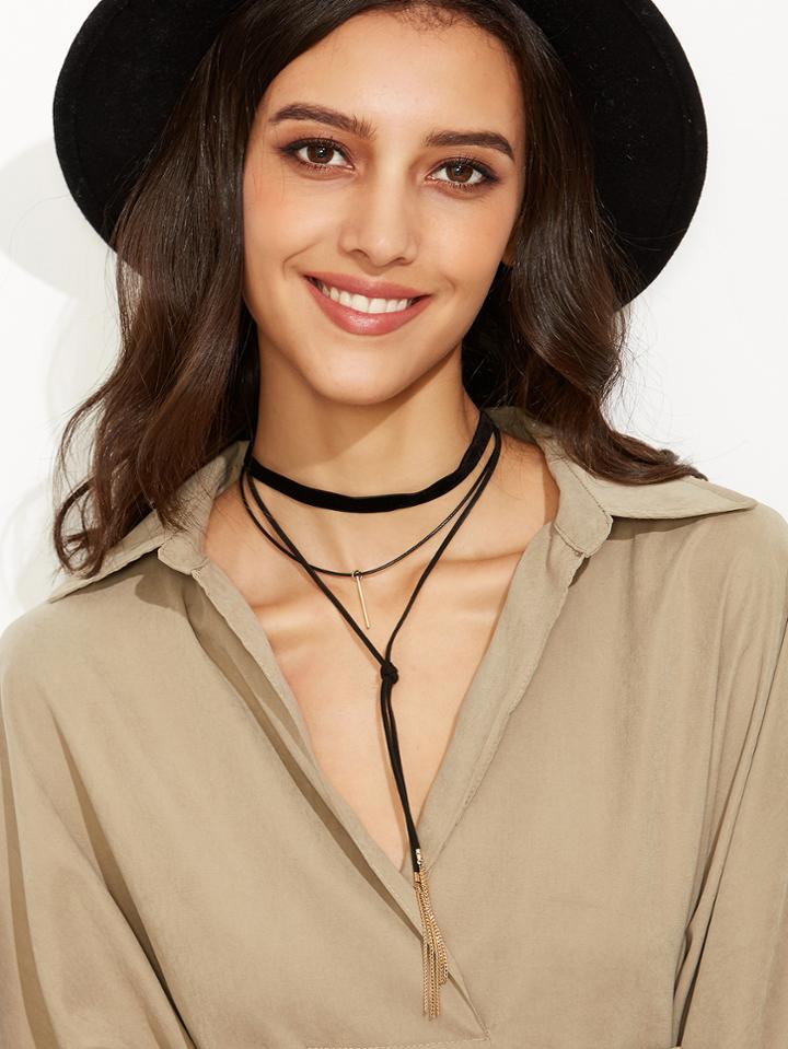 Romwe Black Layered Metal Tassel Vertical Bar Pendant Choker Necklace