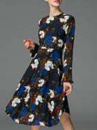Romwe Navy Bell Sleeve Floral A-line Dress