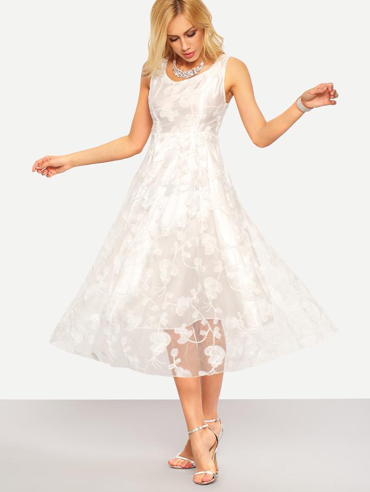 Romwe Flower Lace Overlay Fit & Flare Dress - White
