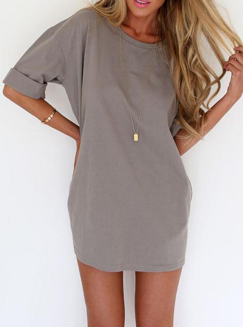 Romwe Grey Round Neck Half Sleeve Loose Dress