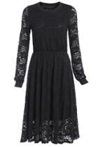 Romwe Long Sleeve Lace Pleated Black Dress