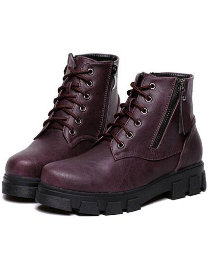 Romwe Burgundy Lace Up Zipper Pu Boots