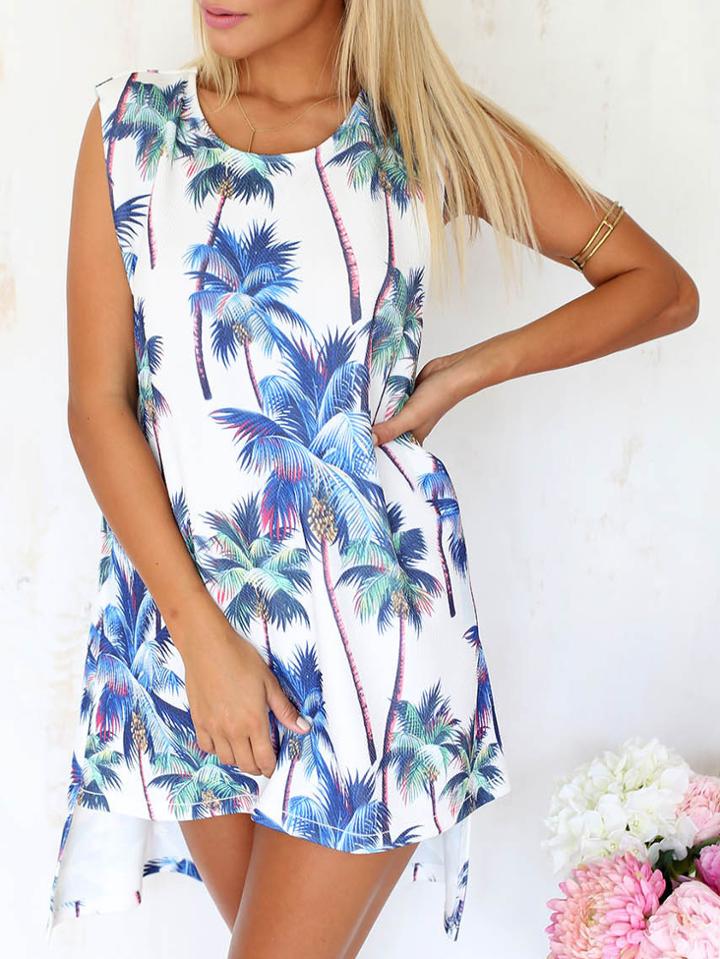 Romwe Coconut Trees Print High Low Dress
