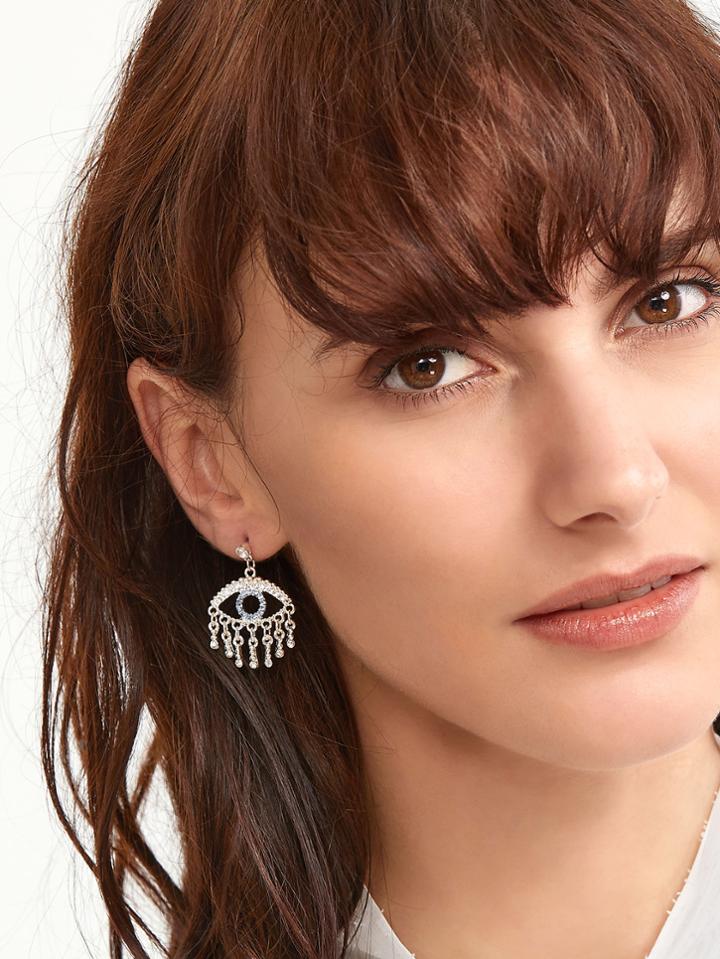 Romwe Silver Tone Eye Design Rhinestone Trim Drop Earrings