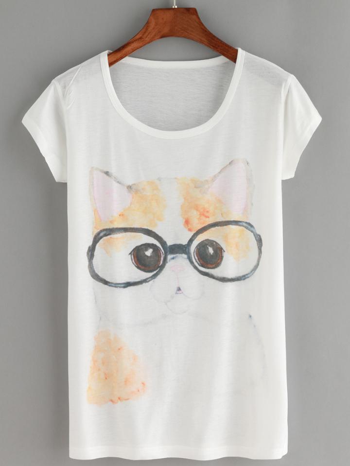 Romwe Cat Print White T-shirt