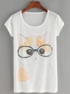 Romwe Cat Print White T-shirt