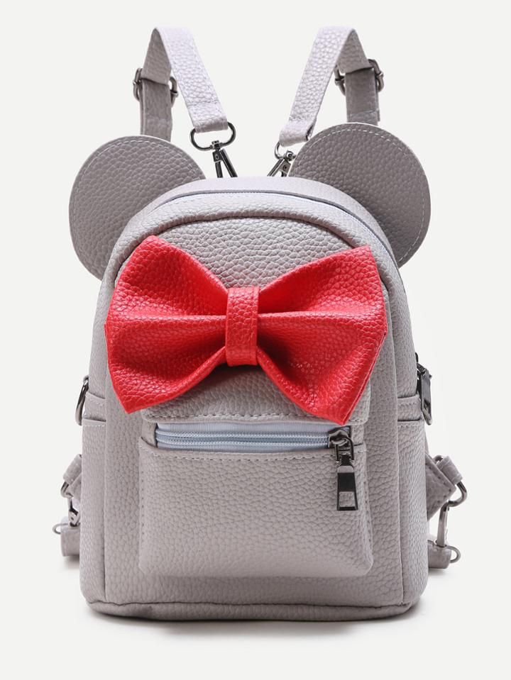 Romwe Grey Ear Shaped Pu Backpack With Contrast Bow