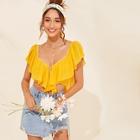 Romwe Lace Insert Flounce Trim Shirred Crop Top