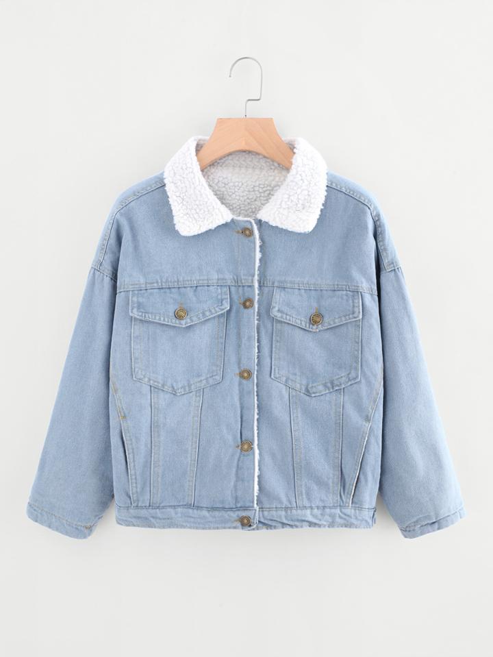 Romwe Contrast Lapel Collar Plus Cashmere Denim Jacket