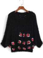 Romwe Open-knit Crochet Fuzzy Black Sweater