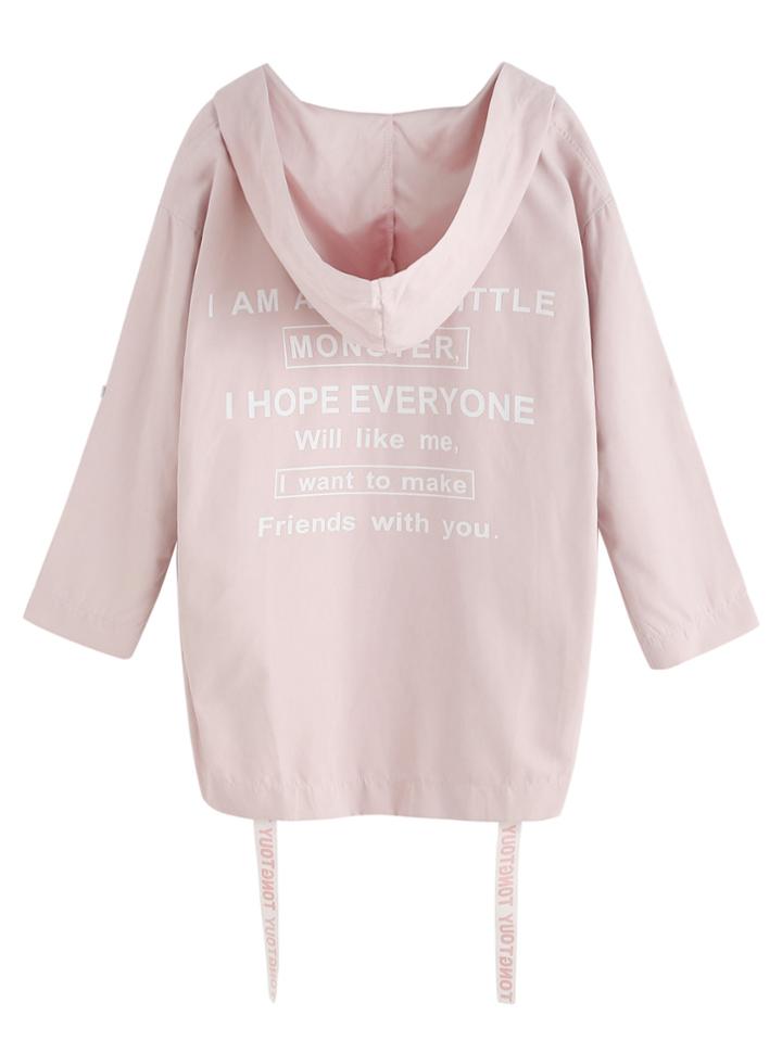 Romwe Pink Slogan Print Tape Detail Hooded Coat