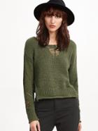 Romwe Army Green Hollow Split Side Sweater