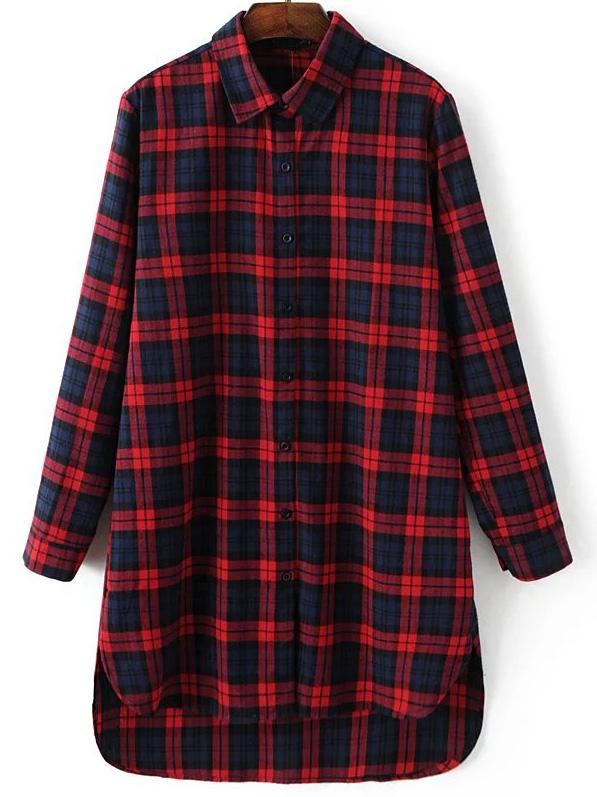 Romwe Red Plaid High Low Shirt Dress