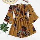 Romwe Floral Print Flounce Sleeve Belted Jumpsuit