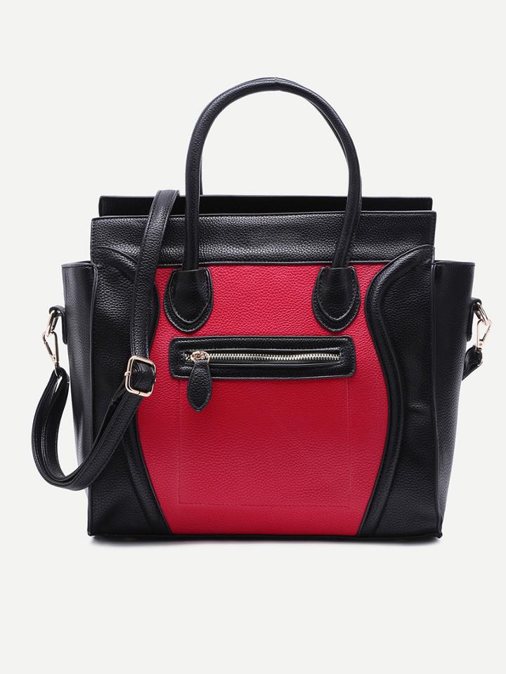 Romwe Black And Red Pebbled Pu Handbag With Strap
