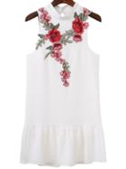 Romwe White Floral Embroidery Open Back Sleeveless Ruffle Hem Dress