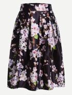 Romwe Black Peach Blossom Print Box Pleated Skirt
