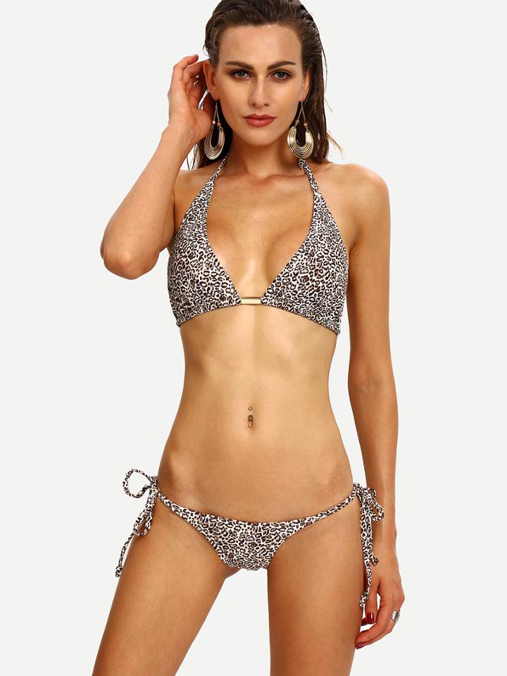 Romwe Leopard Print Side-tie Bikini Set