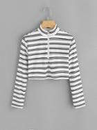 Romwe Stand Neck Zip Up Front Striped Tee