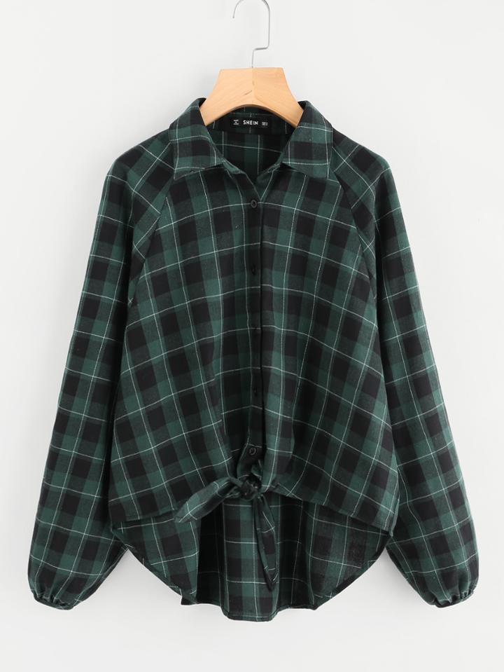 Romwe Raglan Sleeve Knot Front Dip Hem Checked Blouse
