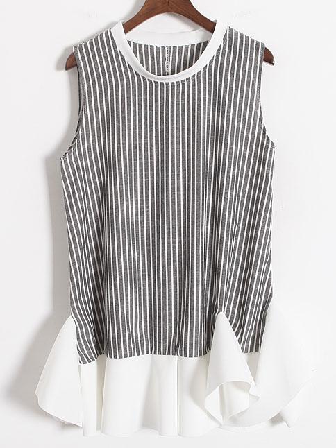 Romwe Peplum Hem Vertical Striped Grey Dress