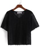 Romwe Floral Crochet Hollow Black T-shirt