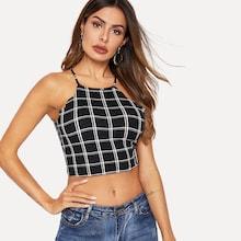 Romwe Scallop Trim Plaid Cami Top