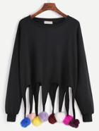 Romwe Black Drop Shoulder Sweatshirt With Colorful Pom Pom Detail