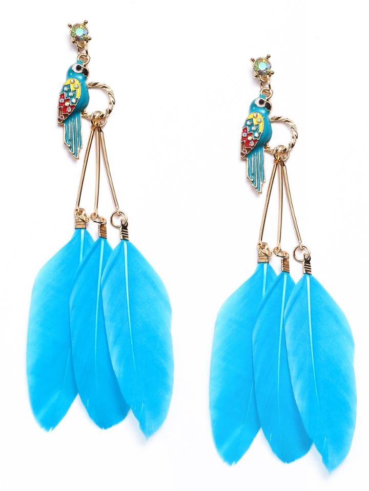 Romwe Enamel Parrot Blue Fake Feather Drop Earrings