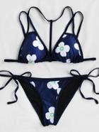 Romwe Calico Print Side Tie Strappy Bikini Set