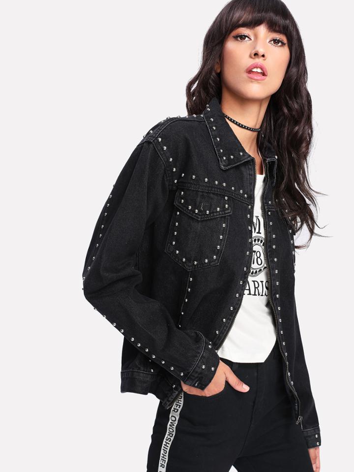 Romwe Beaded Boyfriend Denim Jacket