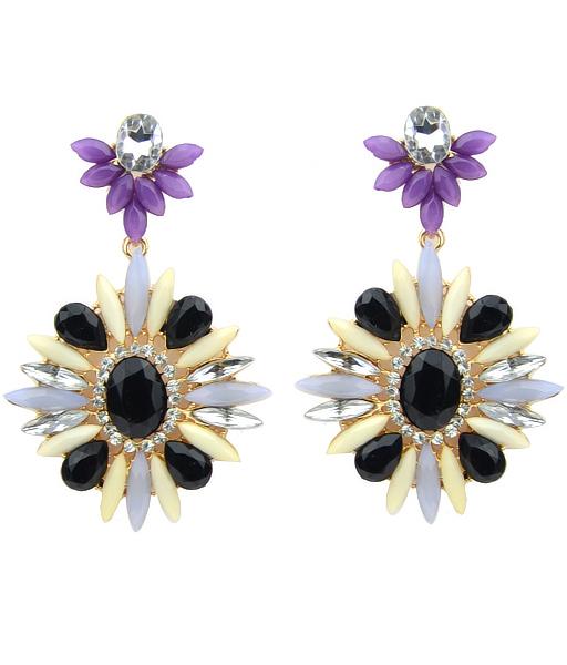 Romwe Black Flower Gemstone Gold Earrings