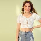 Romwe Ruffle Trim Grommet Lace-up Crop Blouse