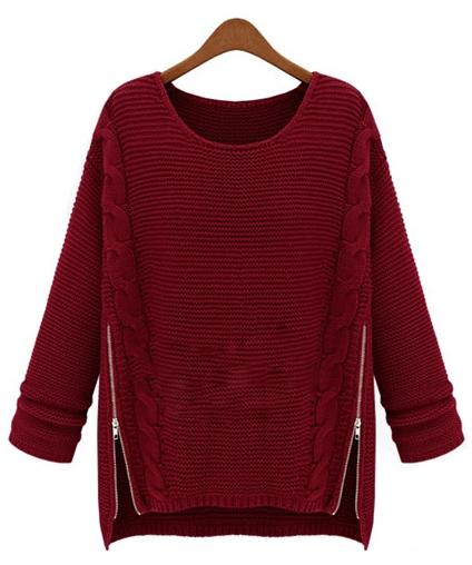 Romwe Cable Knit Zipper Wine Red Sweater