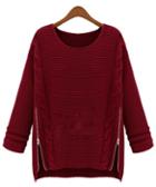 Romwe Cable Knit Zipper Wine Red Sweater