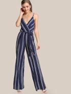 Romwe Surplice Front Self Belt Wide Leg Cami Jumpsuit