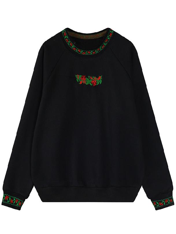 Romwe Flower Embroidered Black Sweatshirt