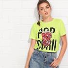 Romwe Sequin Popcorn Patched Neon Lime Tee