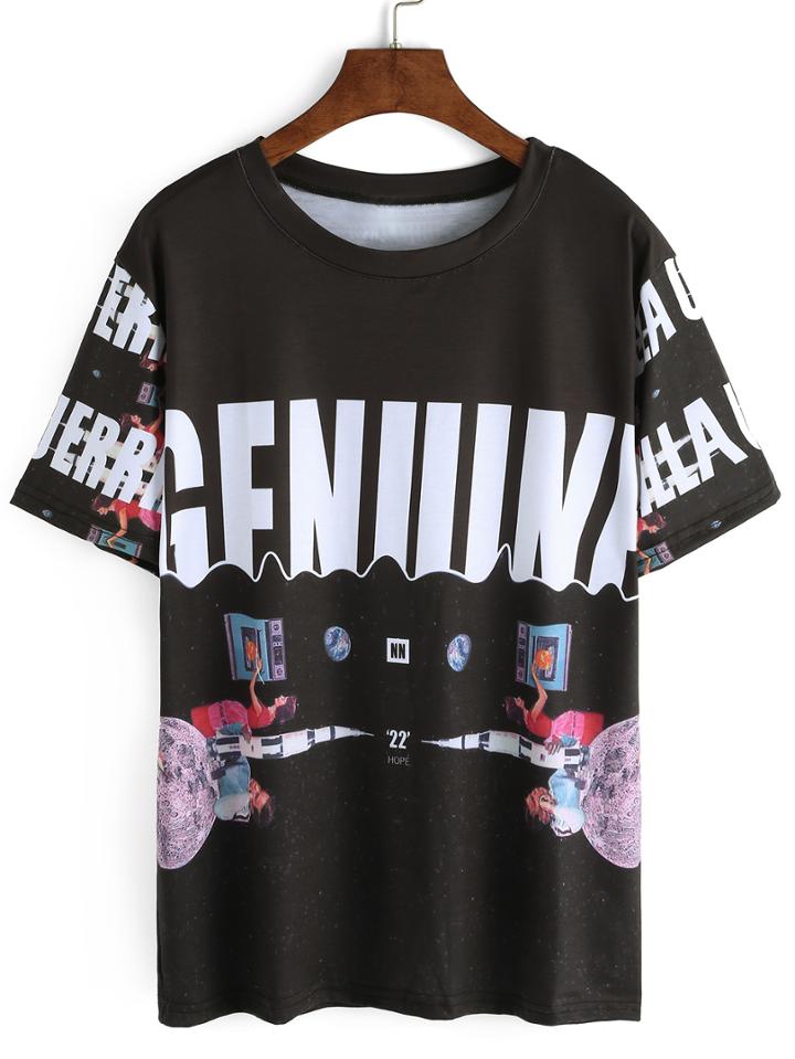 Romwe Graphic Print Black T-shirt