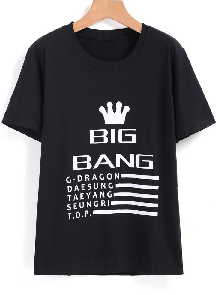 Romwe Crowne Print Loose Black T-shirt