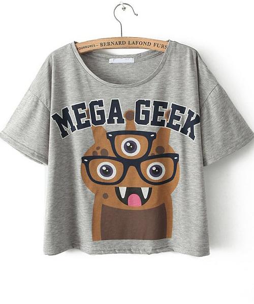 Romwe Grey Short Sleeve Mega Geek Monster Print T-shirt