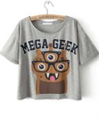 Romwe Grey Short Sleeve Mega Geek Monster Print T-shirt